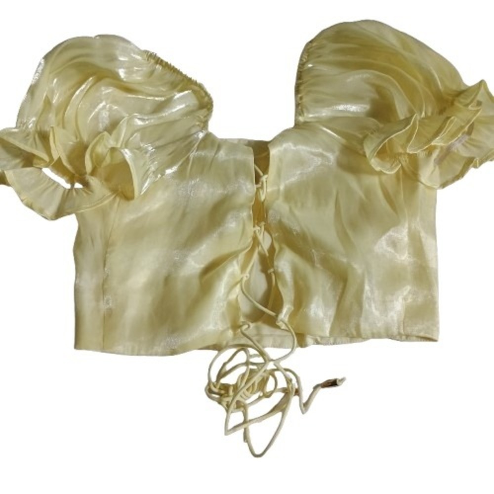 Mad For Love Corset Top Puff Sleeve Cream Lace Up Crop Top Butter Yellow  Size L - Picture 2 of 14